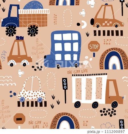 Seamless pattern with hand drawn city print. Seamless pattern with hand drawn city print. 111200897