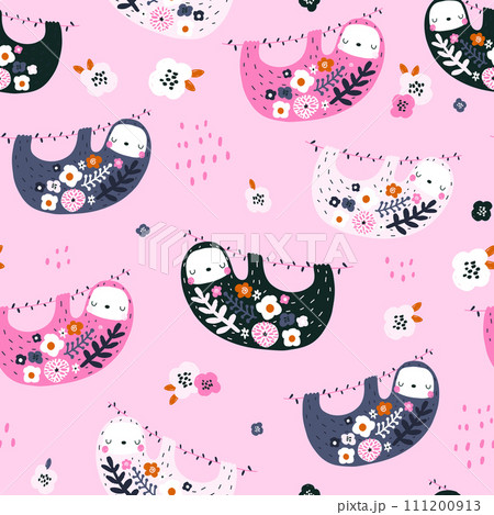 Seamless pattern with cute floral sloths. Creative kids texture.  Seamless pattern with cute floral sloths. Creative kids texture.  111200913