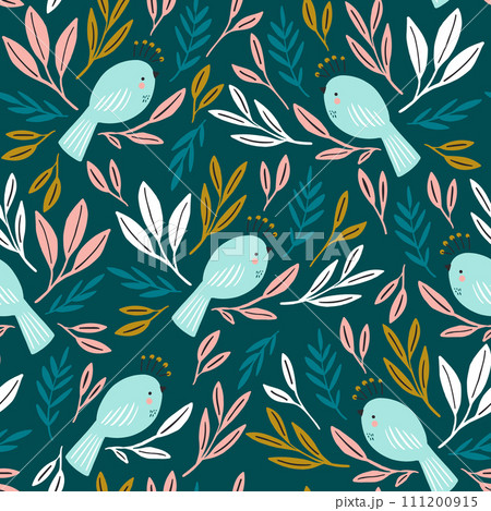 Seamless botanical pattern with white birds and delicate colorful leaves. Seamless botanical pattern with white birds and delicate colorful leaves. 111200915