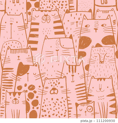 Seamless childish pattern with ink drawn cats.  111200930
