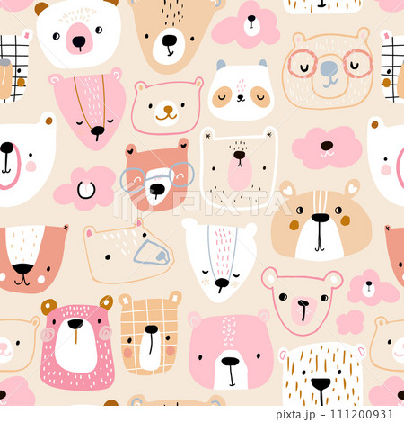 Creative childish pattern with cute pink bears, clouds, pandas.  111200931