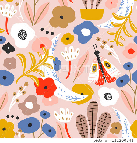 Floral seamless pattern with moon, moth, leaves, flowers. Flourish spring texture.  111200941