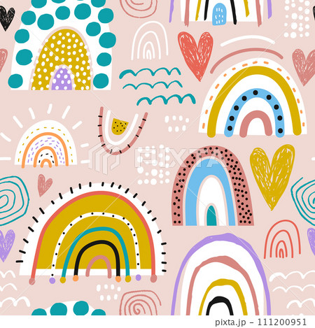 Childish seamless pattern with creative rainbows, hearts and hand drawn textures.  111200951