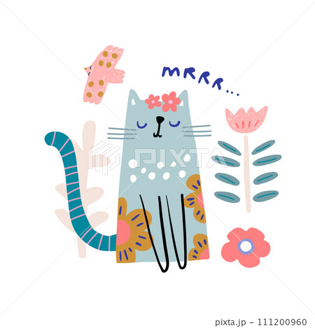 Creative childish illustration with cute cat sitting among flowers . Creative childish illustration with cute cat sitting among flowers . 111200960