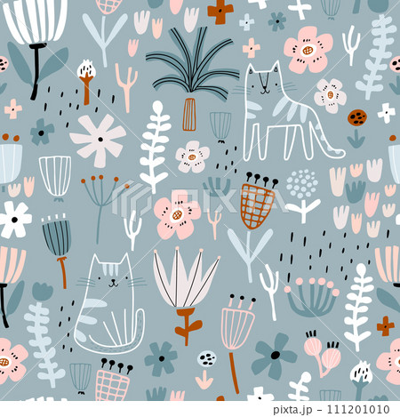 Seamless childish pattern with cute hand drawn cats and flowers. 111201010