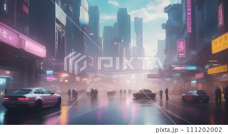 AI-generated content. city urban building architecture road, modern future street cityscape night, technology town traffic travel downtown car transportation, business skyline blue space background 111202002