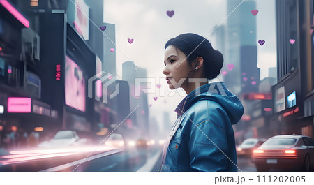 AI-generated content. women female person city lifestyles, lady street portrait fashion young adult, outdoors beauty walk looking urban, travel horizontal outside night, dark face model light asian 111202005