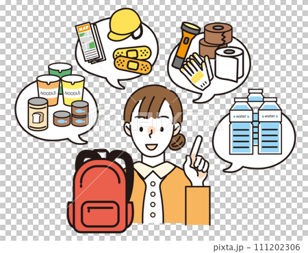 一位女士正在思考防災背包中的物品 一位女士正在思考防災背包中的物品 111202306