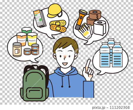 A man thinking about the contents of his disaster prevention backpack 111202308