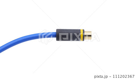 Blue colored AV cable connector isolated on white background. 111202367
