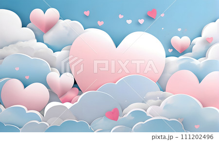 AI-generated content. paper hearts on white soft pink color, paper hearts in the clouds, valentines day concept, fantasy dream holiday, love paper heart in the clouds, festive valentine, saint 111202496