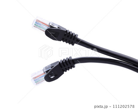 Network cables with molded RJ45 plug isolated on white background Network cables with molded RJ45 plug isolated on white background 111202578