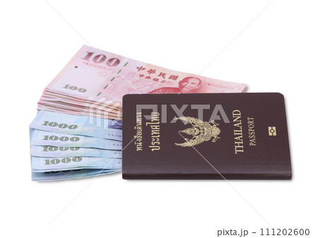 Thai passport with Taiwan Dollars banknotes isolated on white background. 111202600