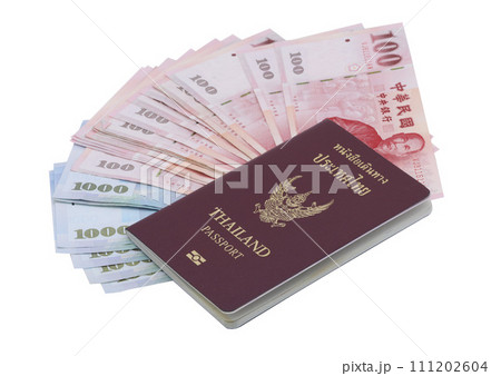 Thai passport with Taiwan Dollars banknotes isolated on white background. 111202604