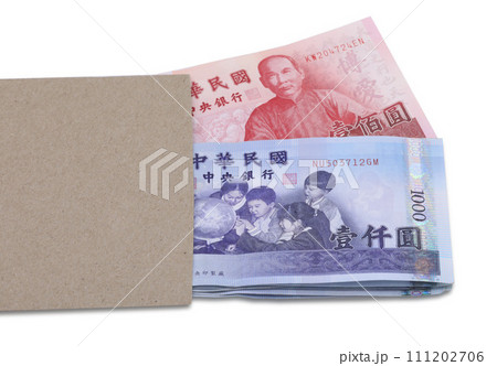 Taiwan dollar in brown envelope isolated on white background 111202706