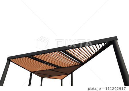 Wooden slats roof isolated on white background. Wooden slat shading structure. 111202917