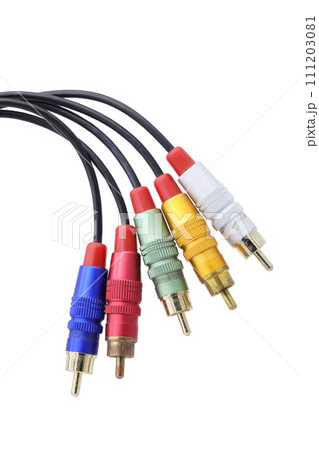 Multicolored AV cable connector isolated on white background. 111203081