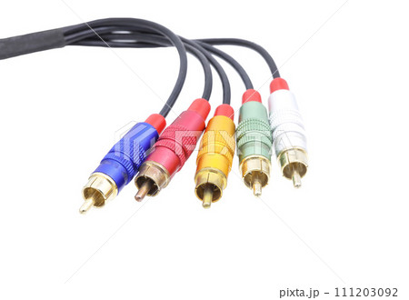 Multicolored AV cable connectors isolated on white background. 111203092
