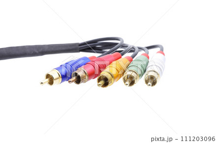 Multicolored AV cable connectors isolated on white background. 111203096