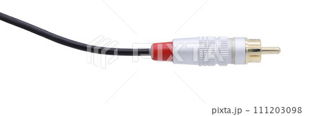 Silver colored AV cable connector isolated on white background. 111203098
