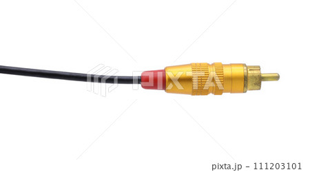 Gold colored AV cable connector isolated on white background. 111203101