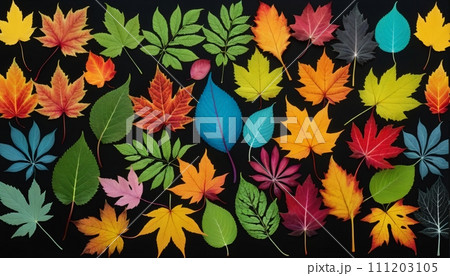 Illustration of different colored plant leaves lined up next to each other in different shapes and sizes - ai generated 111203105