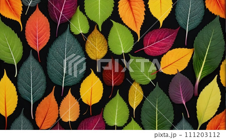 Illustration of different colored plant leaves lined up next to each other in different shapes and sizes - ai generated 111203112