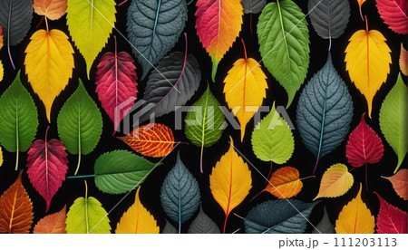Illustration of different colored plant leaves lined up next to each other in different shapes and sizes - ai generated 111203113