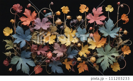 Colorfully arranged plant leaves and stems in different shapes and colors that dry out 111203233