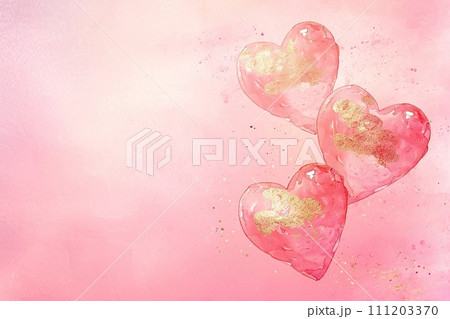 Pink and Gold Hearts on Pink Background, watercolor style, for Love Themed Events, Valentines, Birthday Greetings 111203370