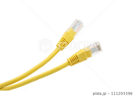 Yellow network cables with molded RJ45 plug on transparent background (PNG File). Yellow network cables with molded RJ45 plug on transparent background (PNG File). 111203396