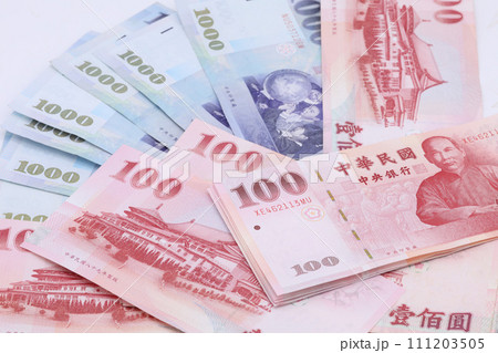 Taiwan dollar banknotes background 111203505