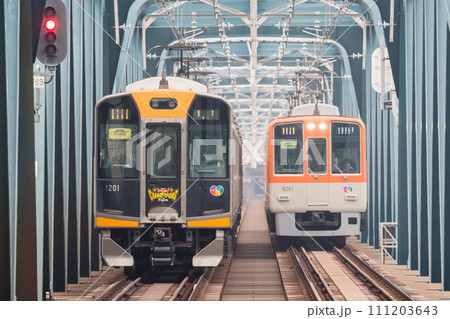 【阪神本線】淀川橋梁を渡る直通特急と急行列車 【阪神本線】淀川橋梁を渡る直通特急と急行列車 111203643