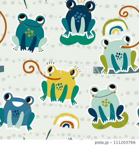 Seamless pattern with cute frogs. Creative childish vector background. Perfect for kids apparel, fabric, textile, nursery decoration, wrapping paper. 111203766