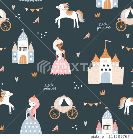 Childish seamless pattern with princess, castle, carriage in Scandinavian style. Creative vector childish navy background for fabric, textile 111203767
