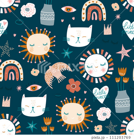 Seamless modern childish pattern. High detailed kids texture with sun, cat, rainbow, bird, heart. Vector illustration 111203769