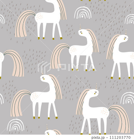 Seamless childish pattern with fairy unicorn. Kids texture for fabric, textile, wallpaper. Vector illustration 111203770
