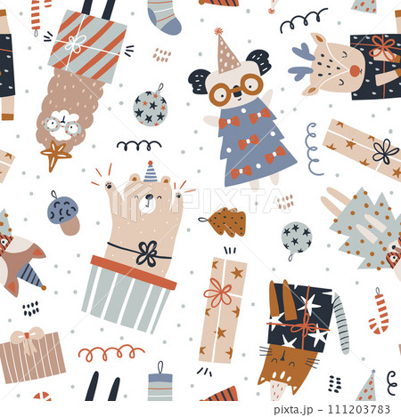Holiday winter pattern with cartoon festive cartoon animals, gift boxes, Christmas decorations, party hats, Seamless xmas texture. Vector illustration 111203783
