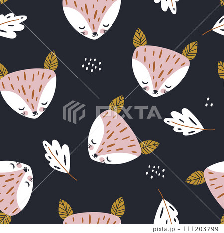 Childish forest pattern with cute fox leaves. Woodland kids texture for fabric, textile, wallpaper. Vector illustration Childish forest pattern with cute fox leaves. Woodland kids texture for fabric, textile, wallpaper. Vector illustration 111203799