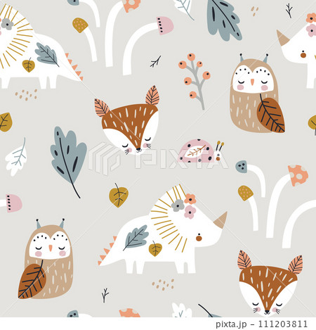 Childish forest pattern with dino, fox, owl, mushrooms. Woodland kids texture for fabric, textile, wallpaper. Vector illustration 111203811