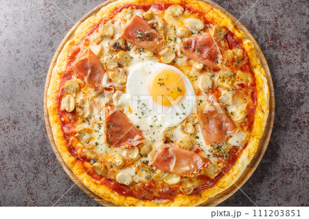 Pizza Bismarck is a style of pizza in Italian cuisine prepared with tomato sauce, mozzarella, mushrooms, prosciutto, and egg closeup on the wooden board. Horizontal top view Pizza Bismarck is a style of pizza in Italian cuisine prepared with tomato sauce, mozzarella, mushrooms, prosciutto, and egg closeup on the wooden board. Horizontal top view 111203851