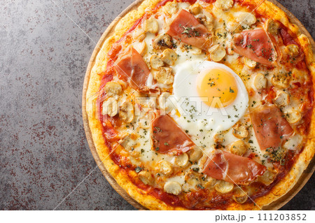 Bismark is the name of a traditional Italian pizza topped with tomato sauce, mozzarella, prosciutto, and egg closeup on the wooden board. Horizontal top view 111203852