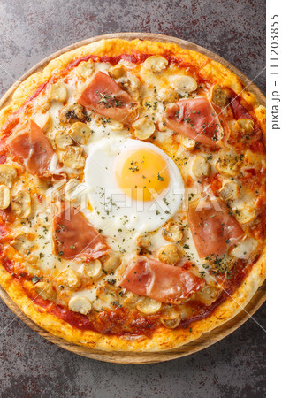 Traditional Pizza Bismarck made of egg, mozzarella, tomato, mushrooms and prosciutto closeup on the wooden board. Vertical top view Traditional Pizza Bismarck made of egg, mozzarella, tomato, mushrooms and prosciutto closeup on the wooden board. Vertical top view 111203855