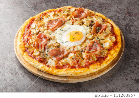 Pizza Bismarck is a style of pizza in Italian cuisine prepared with tomato sauce, mozzarella, mushrooms, prosciutto, and egg closeup on the wooden board. Horizontal Pizza Bismarck is a style of pizza in Italian cuisine prepared with tomato sauce, mozzarella, mushrooms, prosciutto, and egg closeup on the wooden board. Horizontal 111203857