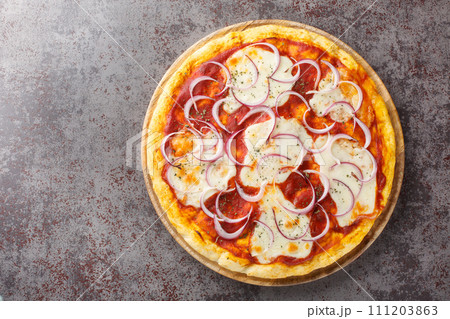 Delicious and spicy pizza Pugliese made of tomatoes, cheese, red onion and oregano closeup on the wooden board. Horizontal top view 111203863