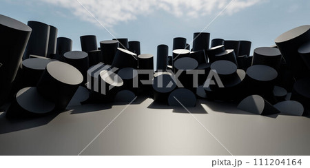 Large Group of Black Objects on Metal Surface under sunny sky environment installation 3d render illustration 111204164