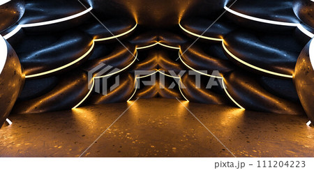 Abstract Black futuristic room with golden lighting 3d render illustration 111204223