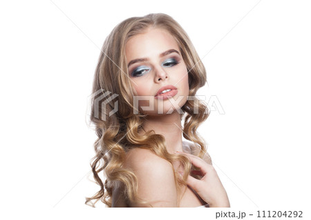 Gorgeous healthy blonde model posing isolated on white background. Woman with make-up Gorgeous healthy blonde model posing isolated on white background. Woman with make-up 111204292