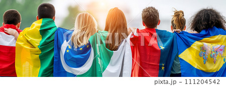 Patriotic people wrapped in international flags to show unity during times of political crisis Patriotic people wrapped in international flags to show unity during times of political crisis 111204542