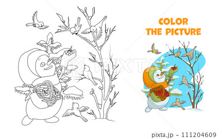 Smiling snowman girl feeding birds in the forest in winter. Coloring page. Cartoon vector illustration. 111204609